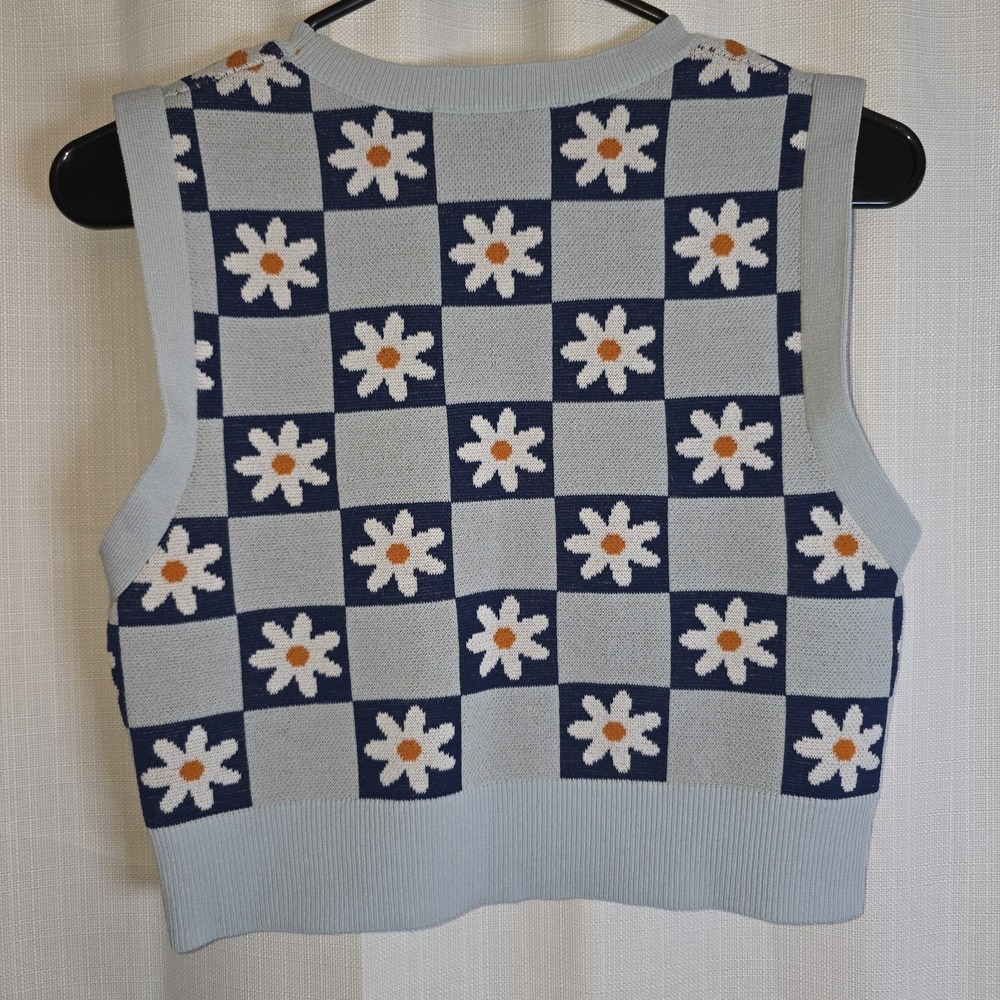 ZARA Women's Vest Size M Blue White Daisy Flower Cropped Knit - Picture 2 of 7